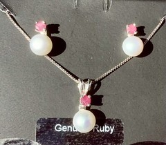 2 Pc. SET CULTURED PEARLS (6mm-7mm) & RUBY(1/2 ct. t.w.) PENDANT & EARRINGS