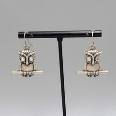 Owl Pierced Earrings Silver tone Dangle Embossed Oxidized 1 in