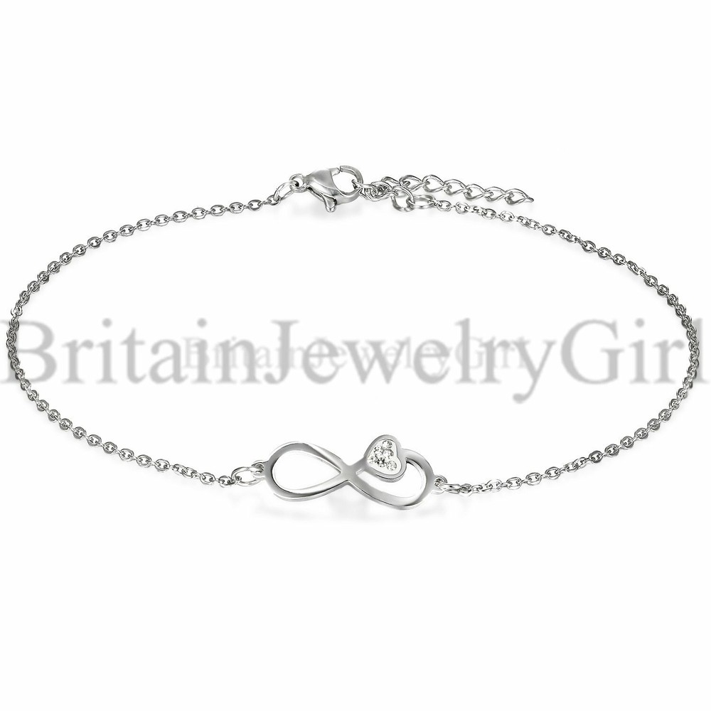 Womens Charm CZ Heart Infinity Stainless Steel Anklet Bracelet Mother’s Day Gift