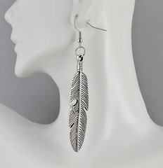 Silver feather earrings dangle metal feather textured 3.25″ long