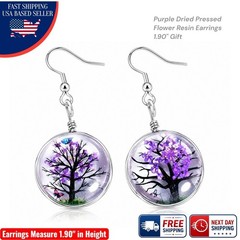 Purple Dried Pressed Real Flower Resin Earrings Botanical Tree Nature Boho 1.90″