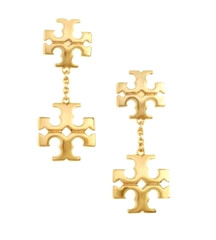 TORY BURCH KIRA LINEAR DOUBLE LOGO DROP Earrings Gold Tone ~ NEW