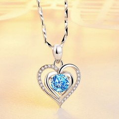 925 Sterling Silver Heart Necklace Blue Zircon Pendant for Women