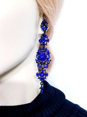 Blue Rhinestone Chandelier Drop Earrings Pageant Drag Prom Bridal Jewelry 4.2 in