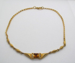 Brushed Gold Tone Bar Link Square Orange Stone Oversize Clasp Necklace 16.5 In