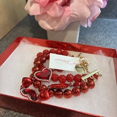 Betsey Johnson Heart Bracelet Layered Red Beads Glass Hearts 7.5 Plus 1.5 NEW