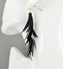 Black feathered earrings dangle 3.5″ long lightweight tassel fringe
