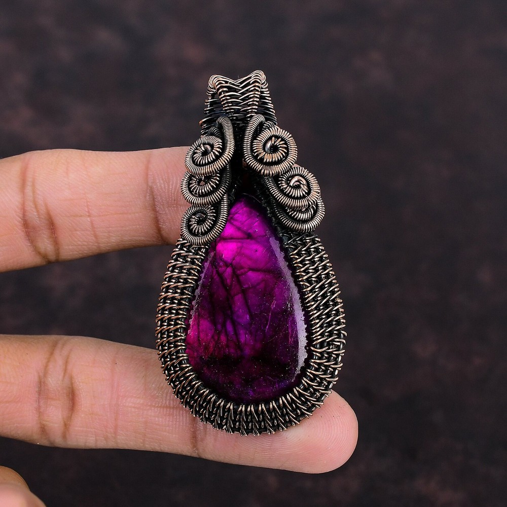 Pink Fire Labradorite Wire Wrapped Pendant Handcrafted Copper Dailywear 2.76″