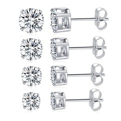 Titanium Stud Earrings Set Hypoallergenic Cubic Zirconia CZ 4 Prong Surgical