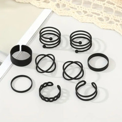 9pc Stackable Ring Set Alloy Geometry Spiral Rings Gothic Style Black Accessory