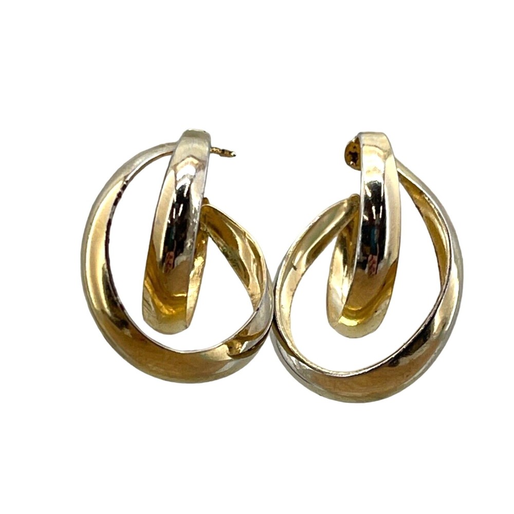 Gold Tone Cross-Over Design Earrings Double Hoop Stud Ear Pierced Secure Lock
