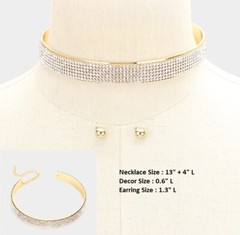 Neck Cuff Cocktail Party Row Rhinestone Crystal Choker Necklace Chain Earrings