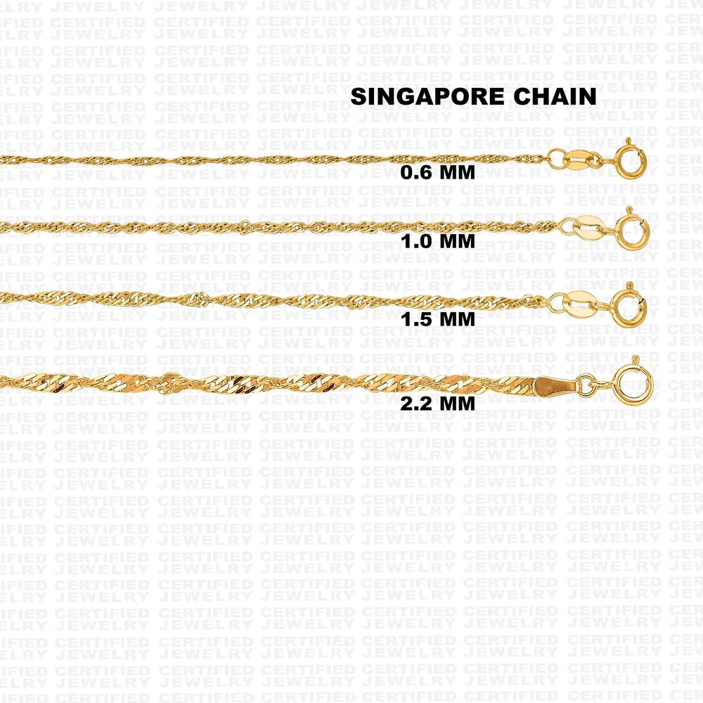 10K Solid Gold Singapore Chain Necklace, 0.8mm TO 2.2mm Wide