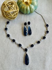 CZ Navy Blue Sapphire Teardrop Gem Bridal Indian Necklace Earring Jewelry Set