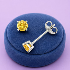 Stunning 5mm Round Yellow Citrine Stud Wedding Earrings – Solid Sterling Silver