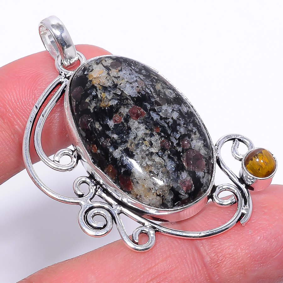 Natural Eudialyte & Yellow Tiger Eye Gemstone 925 Silver Plated Pendant 1.95″ F5