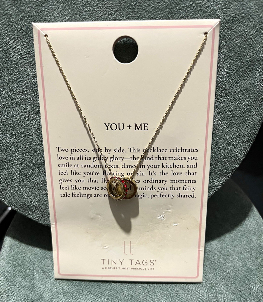 Tiny Tags You + Me Round Charm Pendant Necklace Gold Plated Brass 16+2in Adj