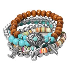 5PCS Boho Western Turquoise Beaded Stretch Bracelet Set Cow Skull Feather Boot