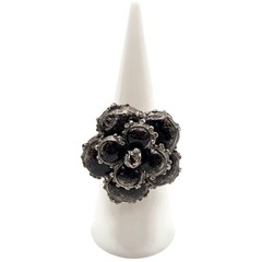 Chanel Camellia CC Ring Ruthenium Black Enamel Crystal EU 54 US 7 w/ Box 13P