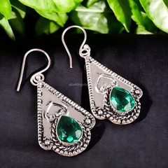 Easter Deal Natural Green Emerald Art Deco Mother Dangling Earrings 925 Silver