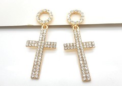 Dangle Cross Clip on Earrings Women New 1.15″ Gold or Silver