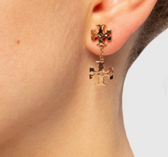 TORY BURCH KIRA LINEAR DOUBLE LOGO DROP Earrings Gold Tone ~ NEW