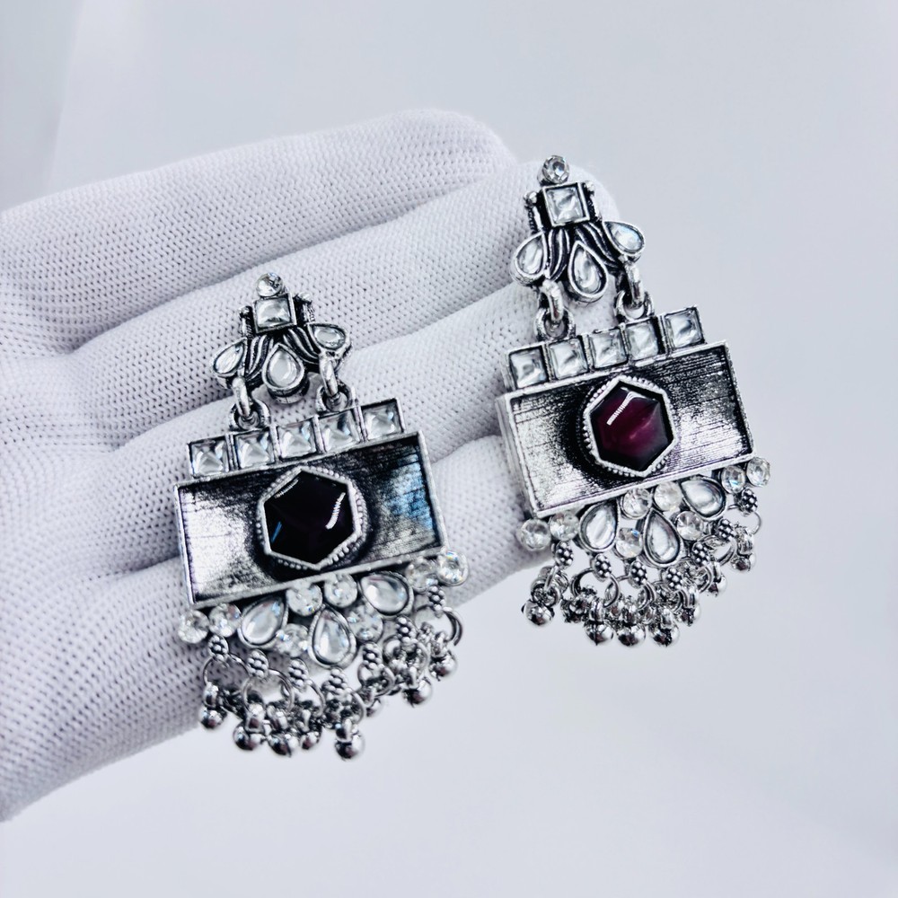 Oxidized Silver Plated Statement Dangle Earrings with Artificial Stones jewelry