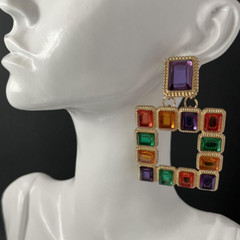 Style Door Knocker Earrings Gold Tone Pierced Square Multicolor Runway
