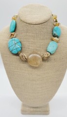 Faux Turquoise Lucite Necklace Wire Wrap STATEMENT Blue & Brown Marbled 20 in
