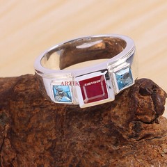 Heated Ruby & Blue Topaz Gemstone with 925 Sterling Silver Ring for Men’s #5730