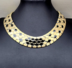 Gold Tone Necklace Serpent Scale Black Enamel Collar Honeycomb Hexagon Statement