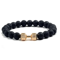 Volcanic Stone Bracelet Dumbbell Charm Matte Black White Beads Men Women 1 Pc