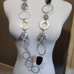 Statement Necklace Black White Gray Beige Stones Beads Fashion Jewelry