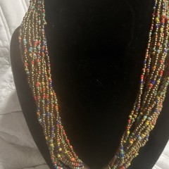 Multi-Strand Multicolor Seed Bead Statement Necklace Round Disc Pendant Boho