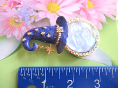 3″ DESIGNER STYLE BLUE SEAVIEW MOON FACE WITCH/ WIZARD HAT RHINESTONE BROOCH PIN