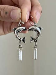 Vintage 925 Sterling Silver Dolphin Dangle Hook Earrings Clear Crystal