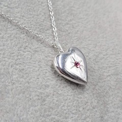 Silver tone Heart Locket Pendant Necklace Purple Stone 16″