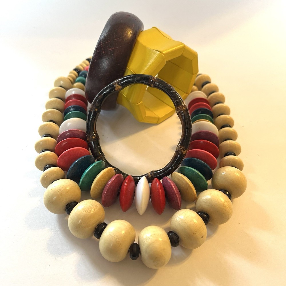 Wood Bead Necklaces & Bangles Chunky Colorful Boho Retro Mixed Jewelry Lot 5 Pcs