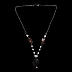 Faux Pearl + Smoky Quartz-Style Pendant Necklace
