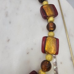 Gold Tone Glass Bead Statement Necklace Red Brown Foil Chunky Women Lobster 18″