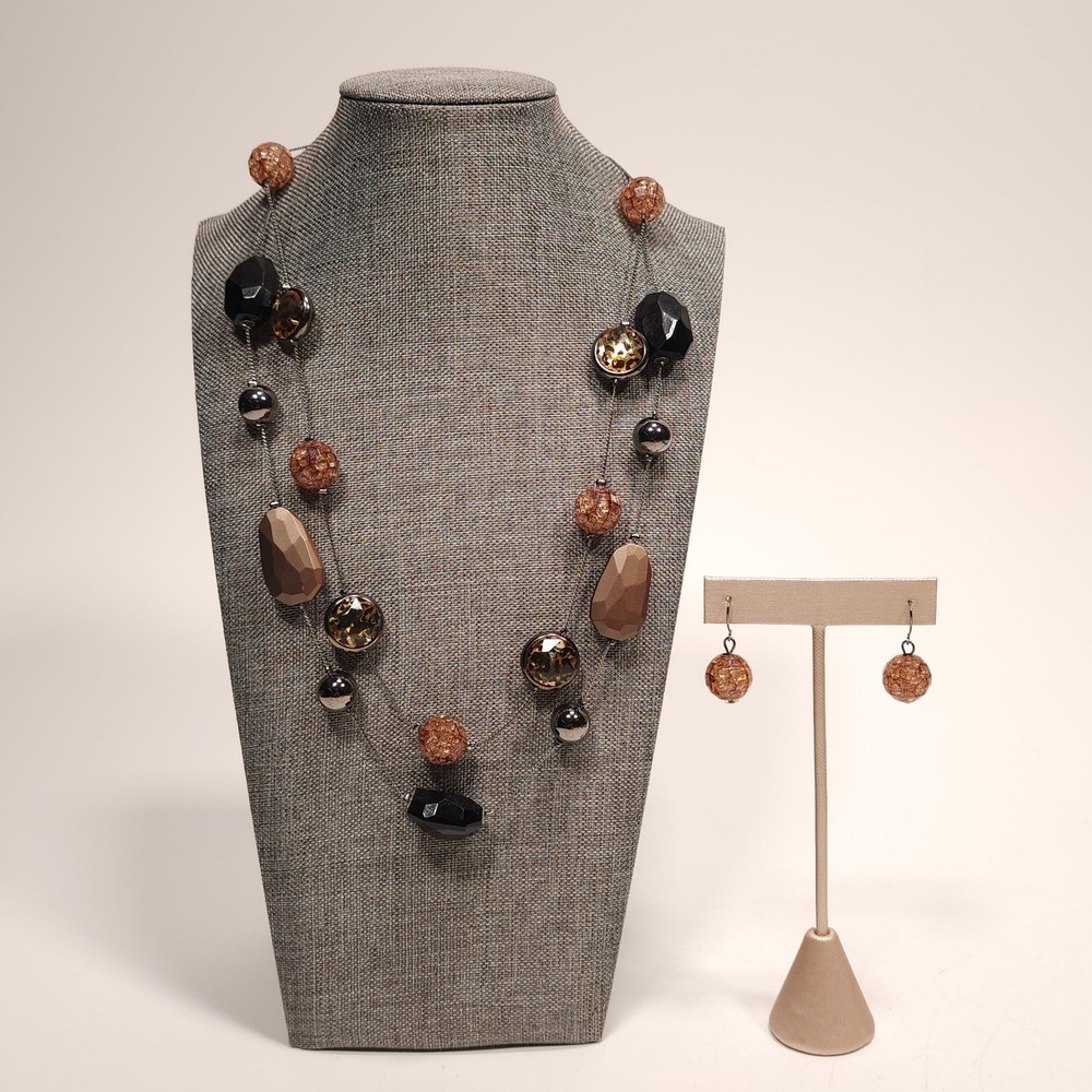 Vintage Sapphire Branded Necklace and Earrings Set Gold Tone Cheetah Brown Black