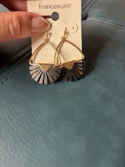 francesca’s Gold Tone Triangle Dangle Earrings Black Leather Fan Fringe Hook