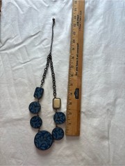Reversible Statement Necklace Beige Blue Faux Leather Gold Tone Necklace