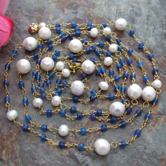 70″ White Keshi Pearl Blue Agate Gold Plated Chain Long Necklace