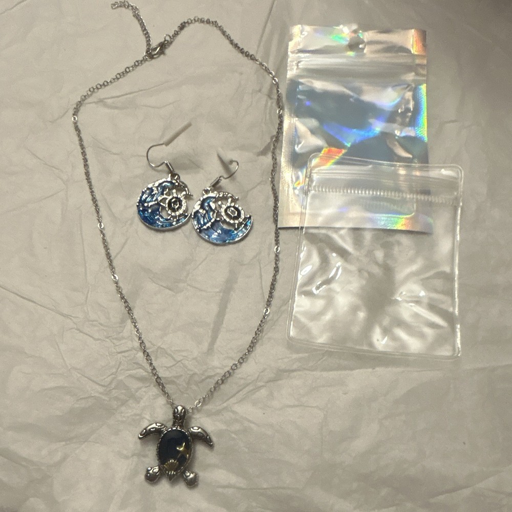 Silver Tone Blue Enamel Nautical Turtle Necklace Pendant & Dangle Earrings Set