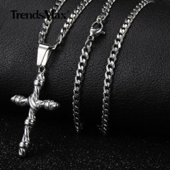 Men’s Silver Tone Stainless Steel Chain Vintage Religious Cross Pendant Necklace