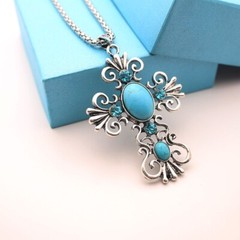 Boho Reconstructed Turquoise Magnesite Stone Cross Rhinestone Pendant 21″ Chain