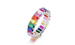 Rainbow Emerald Cut Ring Cubic Zirconia, Eternity Band Ring for Woman Girls