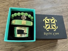 Rustic Cuff Signed Green Crystal Gold Plated Bracelet Jewelry Set