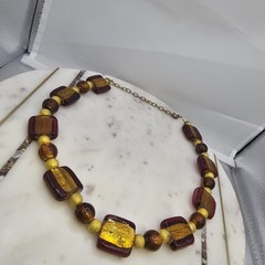 Gold Tone Glass Bead Statement Necklace Red Brown Foil Chunky Women Lobster 18″